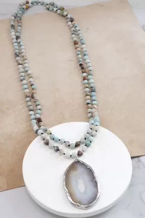 Beaded Amazonite knotted Long Necklace with Agate pendant