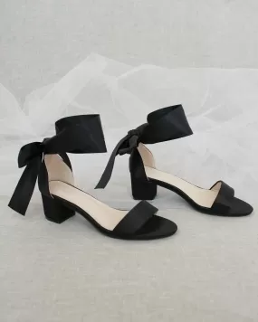 Black Satin Block Heel Sandal with Wrapped Satin Tie