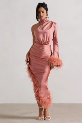 Dolce | Coral Satin Asymmetric One Sleeve Maxi Dress With Feather Trims