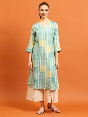 Indiessence Women Teal Tie Dye Printed Kurta