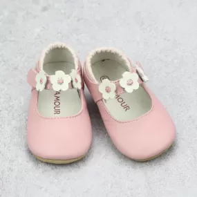 L'Amour Infant Girls Pink Flower Trio Crib Mary Janes