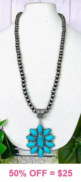 Long Silver Navajo Pearl Necklace with Large Turquoise flower concho pendant