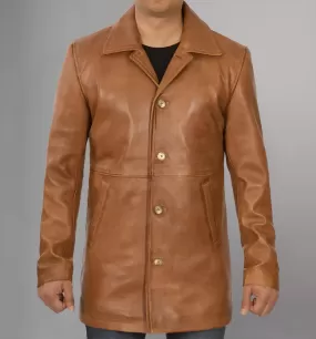 Mens Distressed Camel 3/4 Length Leather Coat