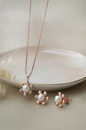 Pearl In A Flower Rose Gold Plated Sterling Silver Pendant Set