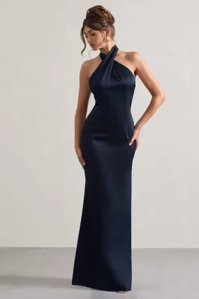 Unbeatable | Navy Satin Cross Over Halterneck Maxi Dress